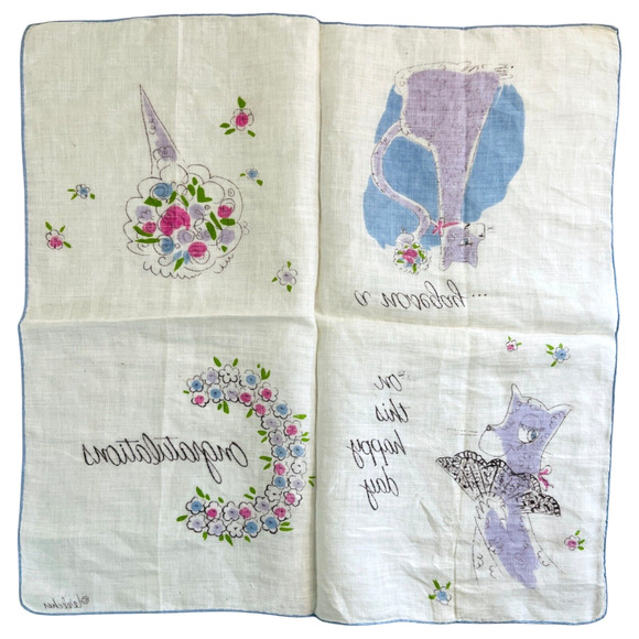 Vintage Welcher Handkerchief Anthropomorphic Cats Congratulations Wedding READ - Picture 3 of 12